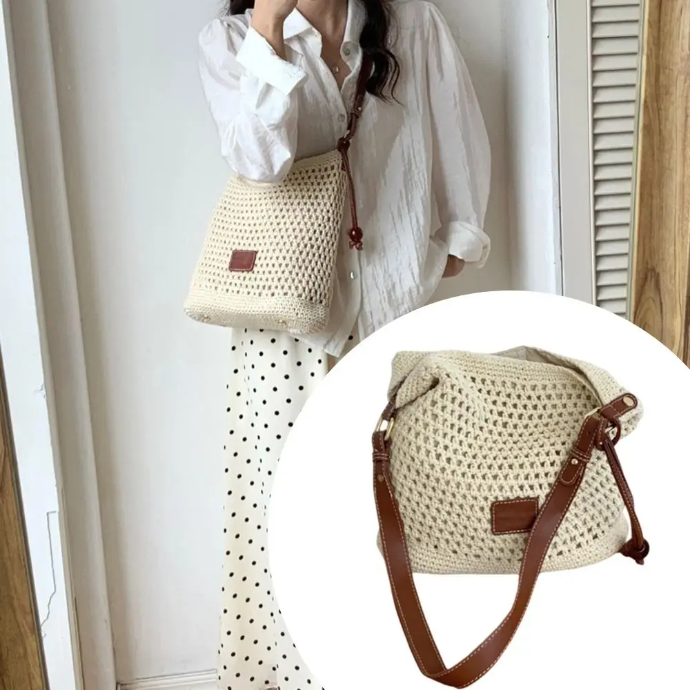 Cotton Woven Hollow Shoulder Crossbody Bags Large Capacity Casual Bucket Bag Work Commuting Handbag Travel Storage Organizer