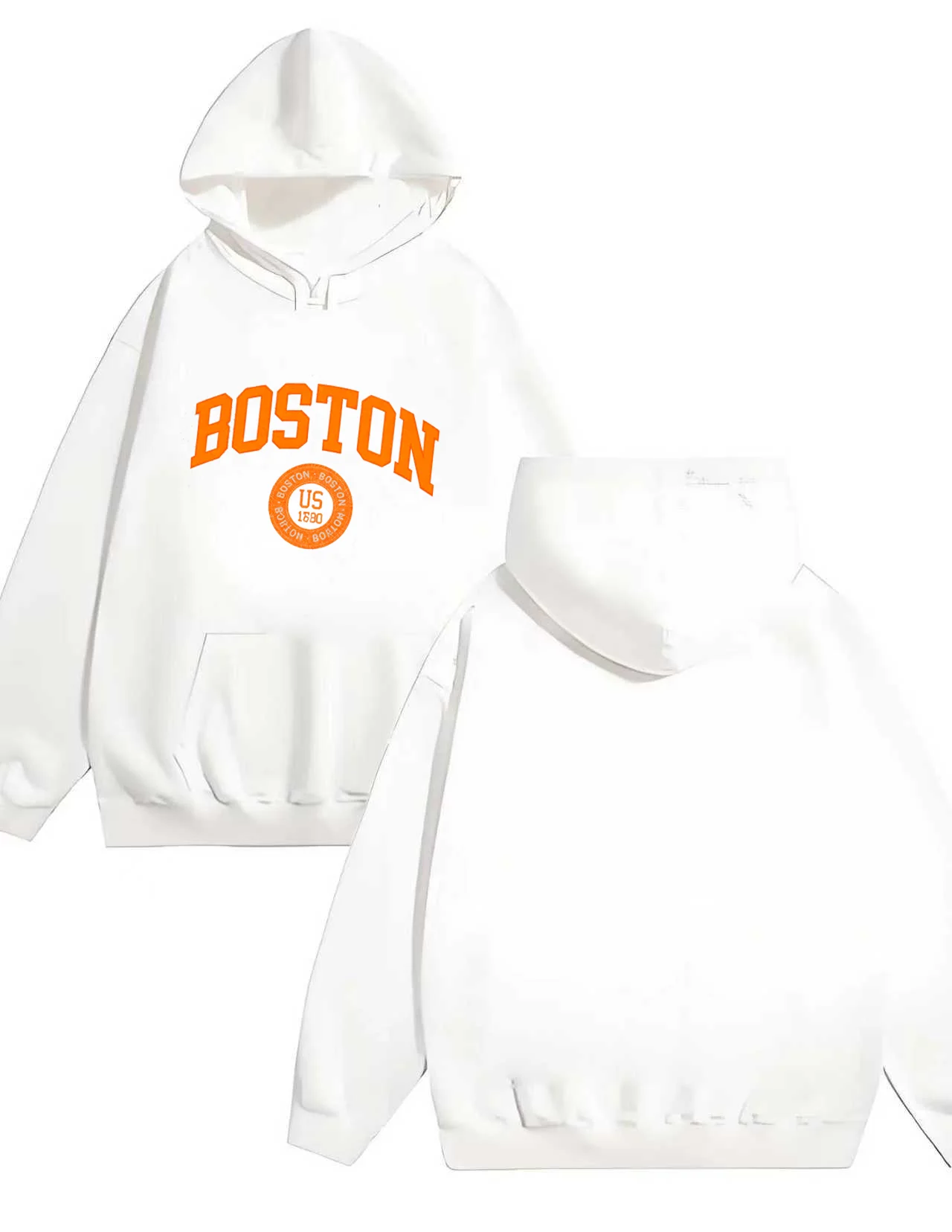 เสื้อฮู้ดดี้เนื้อหนา 330 กรัม รุ่นใหม่ล่าสุดปี 2025 ลายพิมพ์ตัวอักษร Boston สไตล์ลำลองสำหรับผู้ชายและผู้หญิง ทรงหลวม