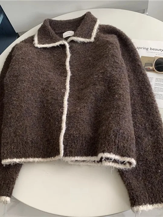 Korean Sle Women's Knitted Cardigan Sweater Soft Cozy Lazy Sle Student Autumn Winter Flip Collar Open Front Warm Top