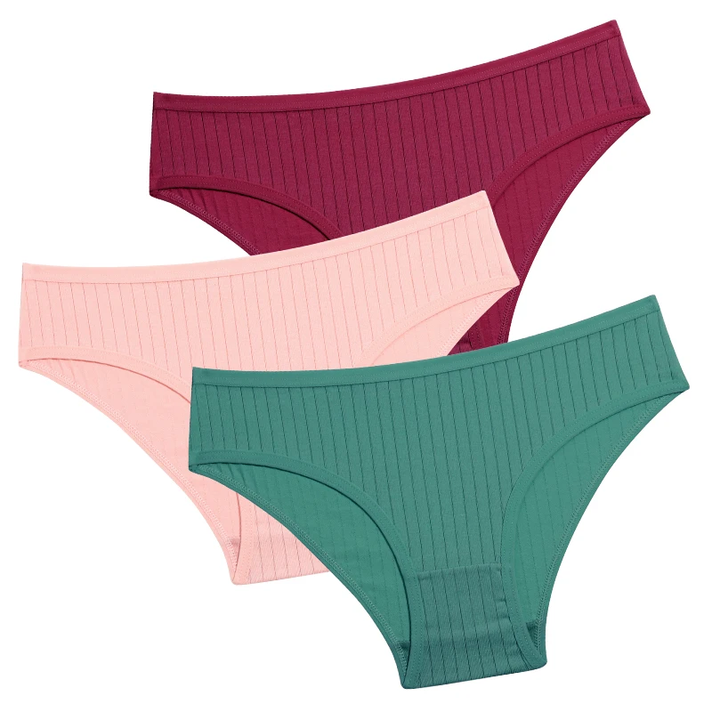 FINETOO 5PCS/SET Cotton Ribbed Striped Underwear for Women Plus Size 10 Soild Colours Stretch Briefs