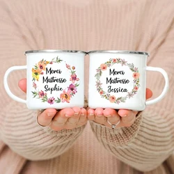 Personalized French Print Mugs Custom Name Coffee Cups Drink Water Milk Cup Enamel Mug School Home Handle Drinkware Teacher Gift