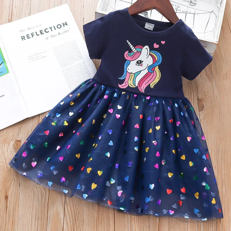 2024 Summer Baby Girls Cartoon Unicorn Dress Cotton Mesh Party Princess Dresses For 2-6 Years Children Kids Clothes