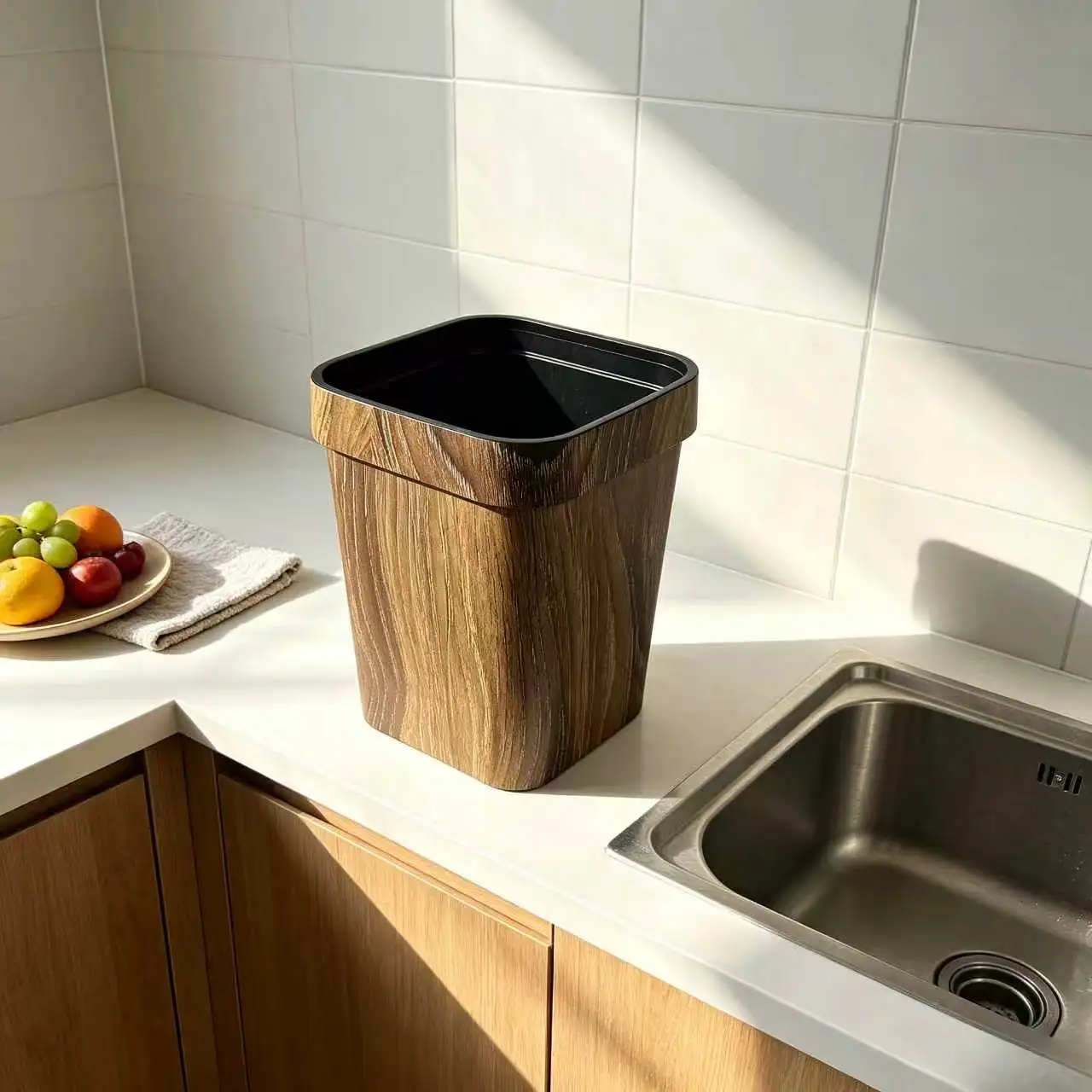 2‑Piece Wood Grain Decorative Waste Basket Set, 7L Square Open Garbage Bin for Bedroom Study & Small Space