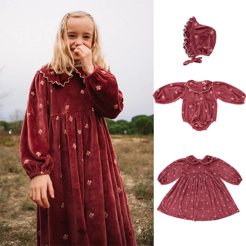 23 Bebe Brand Newborn Baby Floral Embroidery Velvet Romper Kid Girls Vintage Long Sleeve Dress Children Cute Fashion Clothes Set