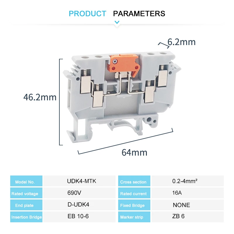 10Pcs UDK4-MTK Knife Disconnect Screw Connect Terminal Block 4mm² Cable Connector Electrical Din Rail Terminal Block UK UDK 4