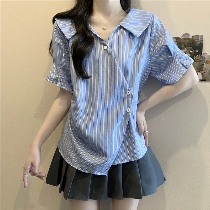 

2025 Summer Striped Women Blouse Korean Elegant Design Irregular Waist Button Shirts Short Sleeves Slimming Blusas Top