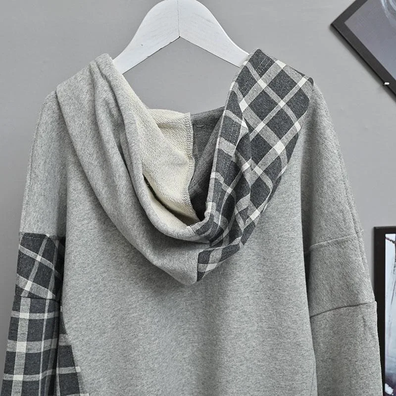 Women Plaid Patchwork Fashion Oversized Streetwear Cotton Hoodies Autumn Casual Long Sleeve Pullovers Female Hooded Sweatshirt