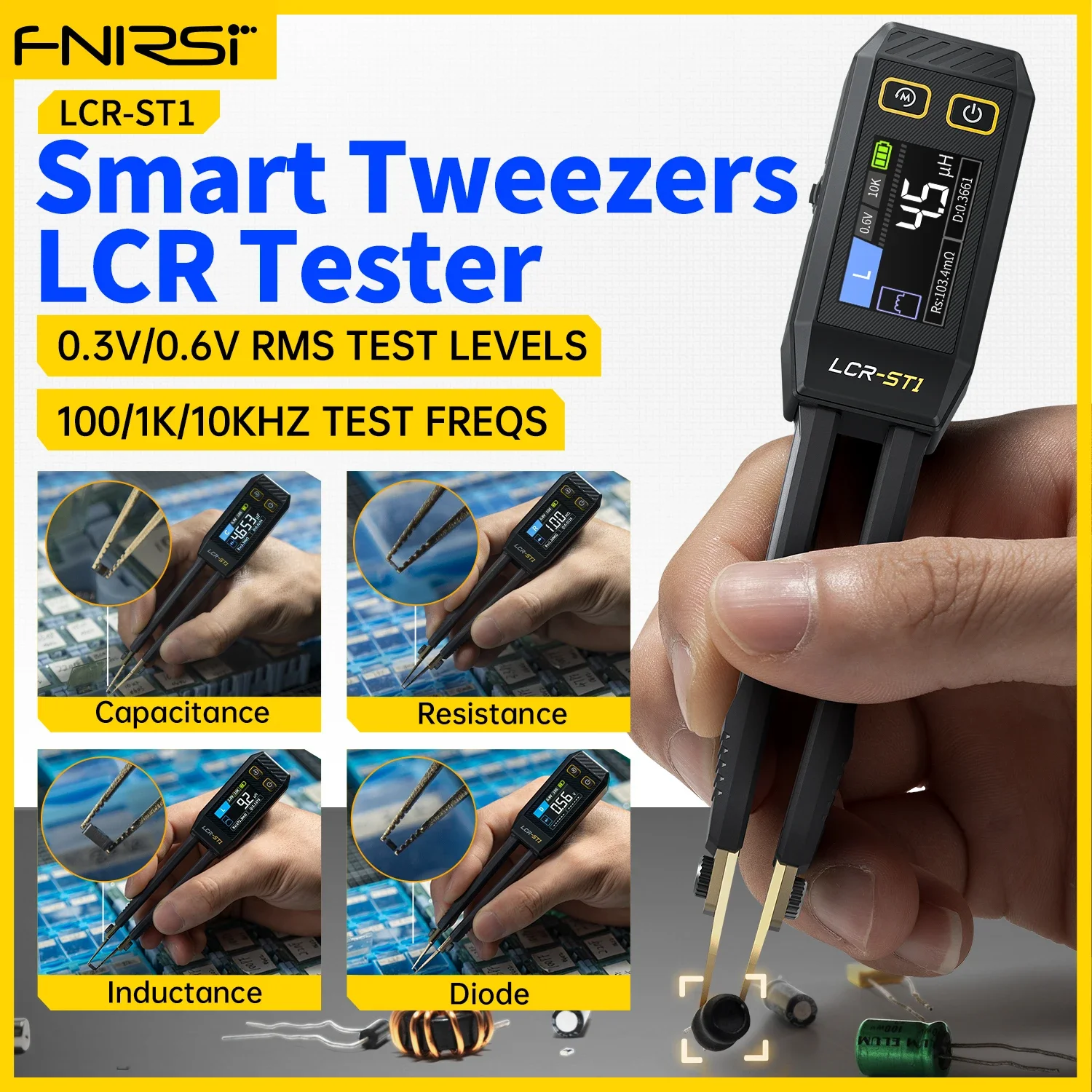 Fnirsi-smart Pinça Mini Tester Lcr Smd Esr Capacitância Resistência Indutância Continuidade Diodo Ferramenta de Medição Lcr-st1smart
