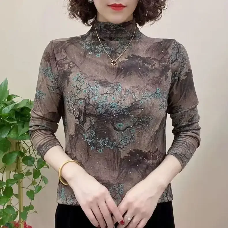 

Semi-turtle Collar Feminine Warm Shirt Long-sleeved T-shirt Outer Top High-end Velvet Bottoming Shirt for Women New Style