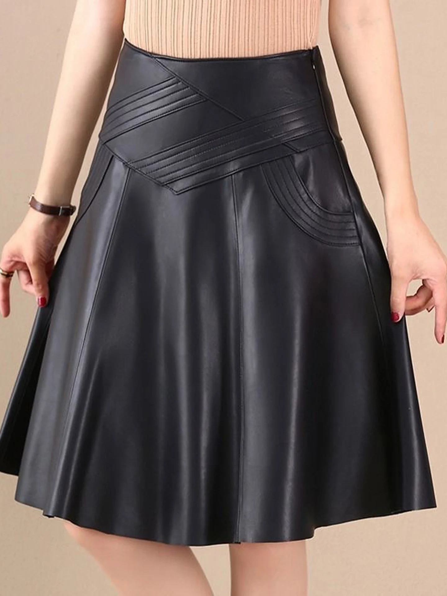 High Waist PU Leather Skirt Women's Autumn New Slimming Casual Versatile A-Line Midi Skirt American Style Standard Fit