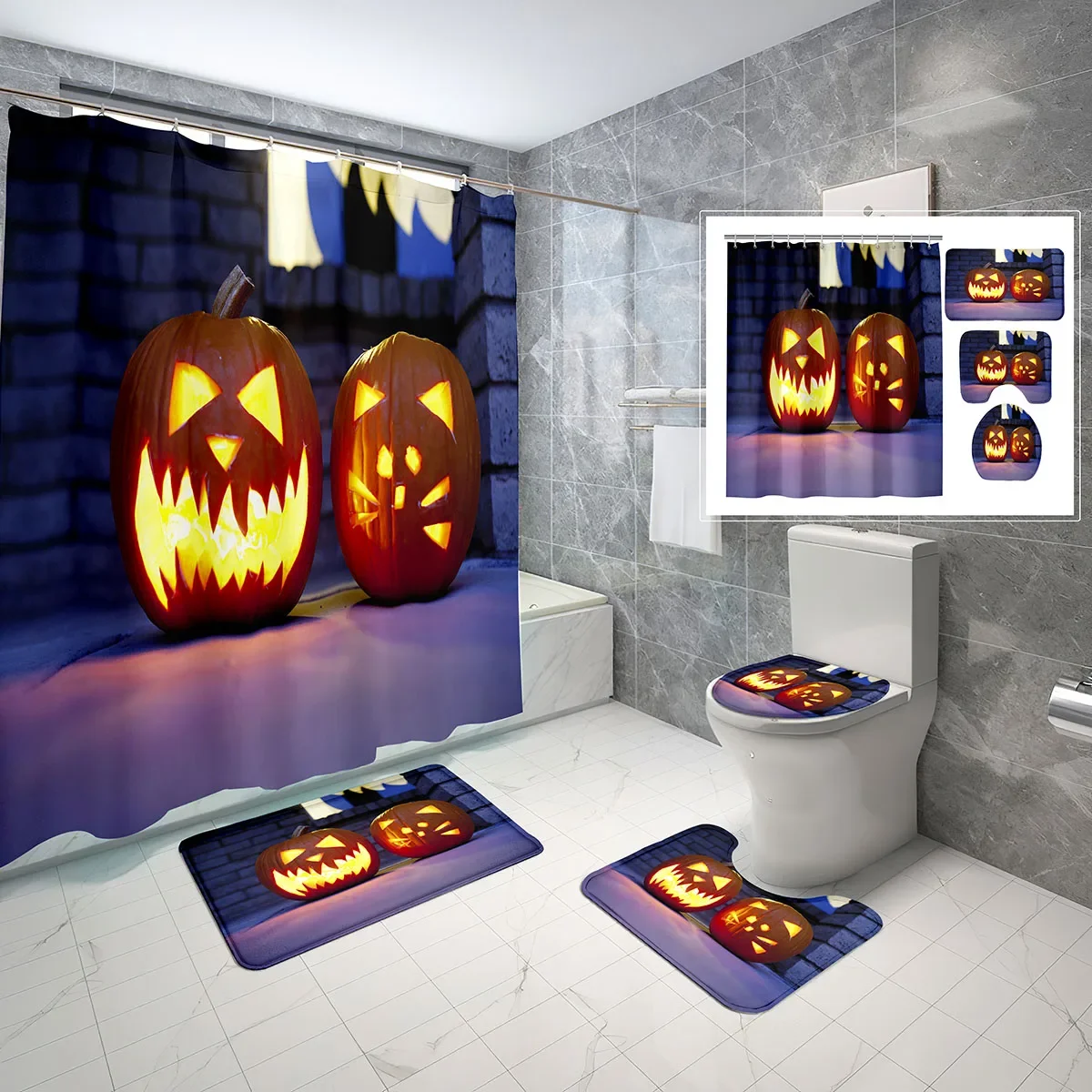 

4 Pcs Pumpkin Shower Curtain Sets Autumn Halloween Decorations Non-Slip Bath Mat Toilet Cover Waterproof Shower Curtain Set