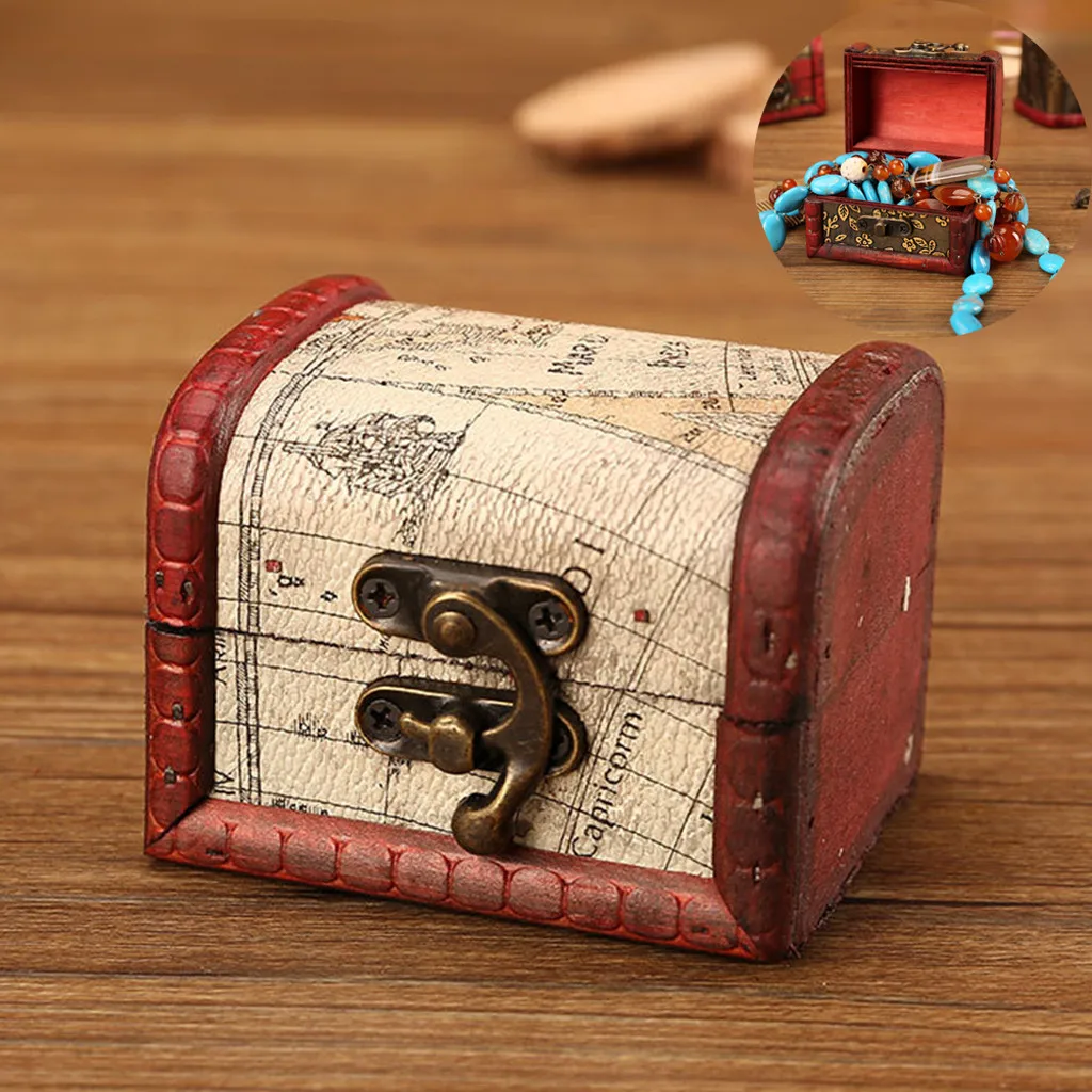 1PCS Wood Jewelry Box Vintage Handmade Box Mini Metal Lock Storing Jewelry Treasure Ring Bracelets Earrings Ear Stud Storage Box