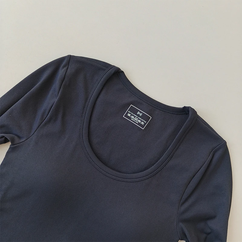 Yoga-Bekleidung T-Shirt Damen U-Ausschnitt Brustpolster Schlankmachendes Sport-Top Langärmeliges Stretch-Oberteil Pilates Fitness-Bekleidung – Detail 13