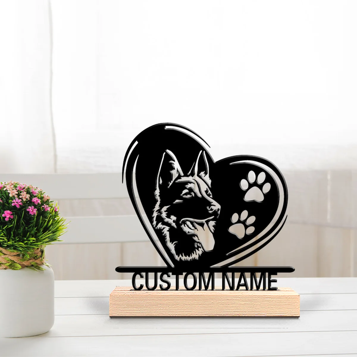 1pc dog love Custom Text Metal Statue Metal Ornament Art Figurine With Wood Base Metal Statue Bedroom Table