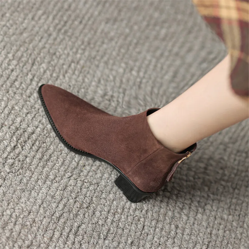 New Autumn Cow Suede Women Boots Pointed Toe Chunky Heel Boots for Women Winter Boots Women Versatile Ankle Boots Zapatos Mujer