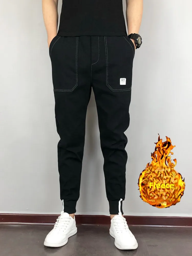 

Модные брюки Harajuku с подкладкой, мужские, осенне-зимние, универсальные, облегающие, повседневные, рабочие, молодежные, энергичные