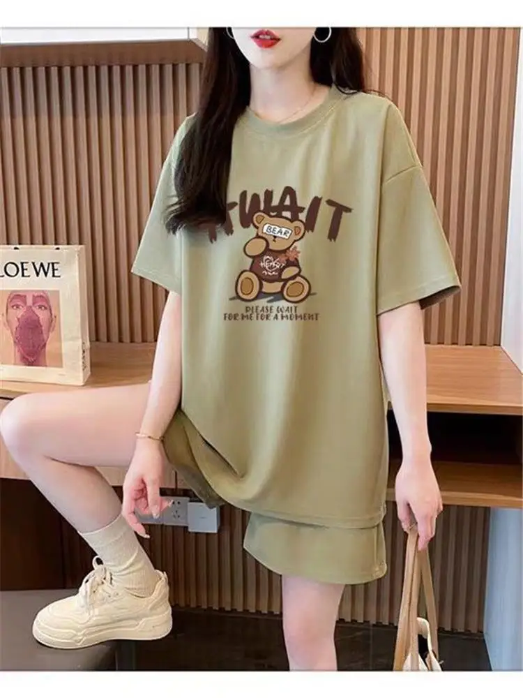 

Casual Sportswear Set Women Summer New Style Korean Version Loose Bear Letter Short Sleeve Top Shorts Two Piece Set