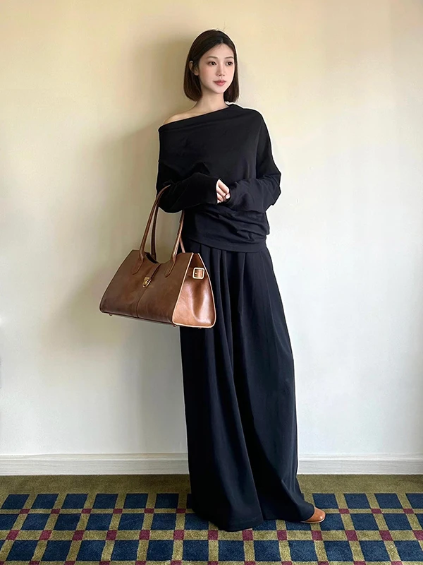 Slimming Effect Minimalist Style Shoulder Sleeve Hoodie Set Women's Loose One-Shoulder Top Bottoms Two-Piece Fashionable Autu...