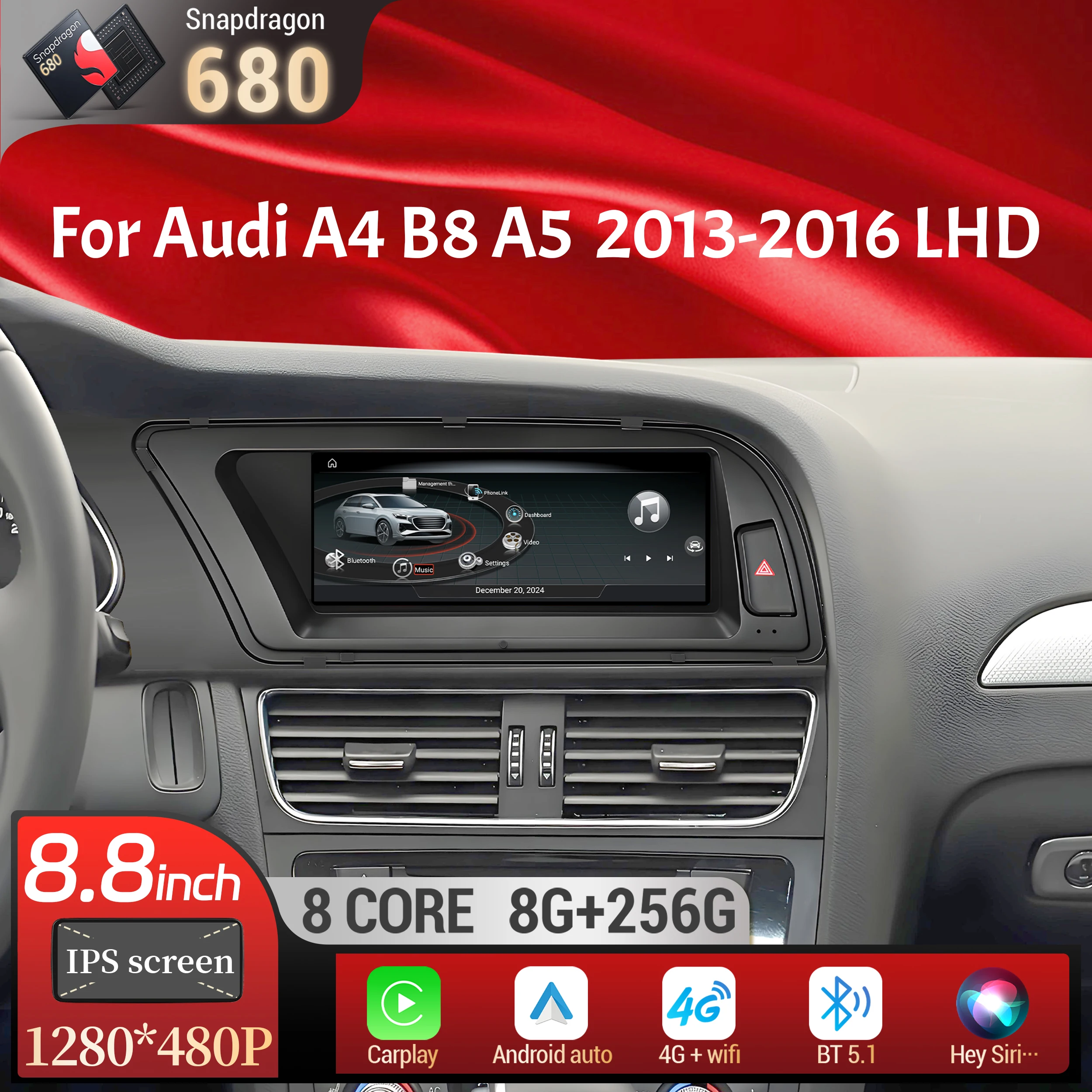 8.8 inch Left Hand Drive Android 13 For Audi A4 B8 A5 2013-2016 Car Radio Wireless Carplay Qualcomm Snapdragon 680 Touch Screen