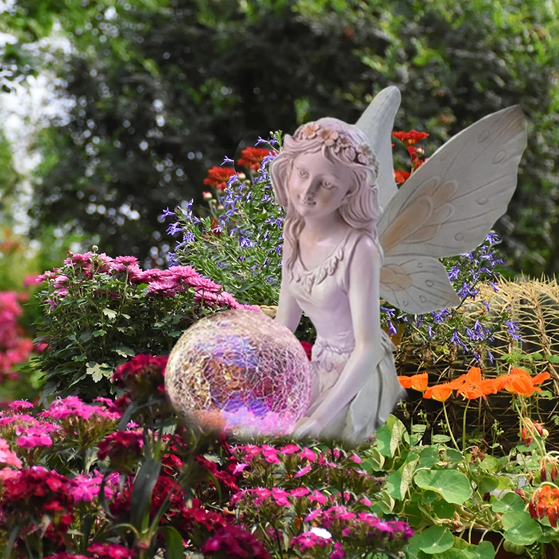 

Exquisite Resin Solar Powered Sculpture Ornaments Durable Unique Design Micro Landscape Crafts Elegant Angel Figure Garden Decor