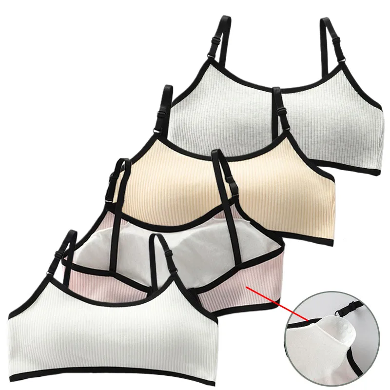 4PCS Girls Bras Sponge Cup Cotton Adolescence Underwear Innerwear Soft Puberty Kids Sports Bra Breathable Teenage Girl Brassiere