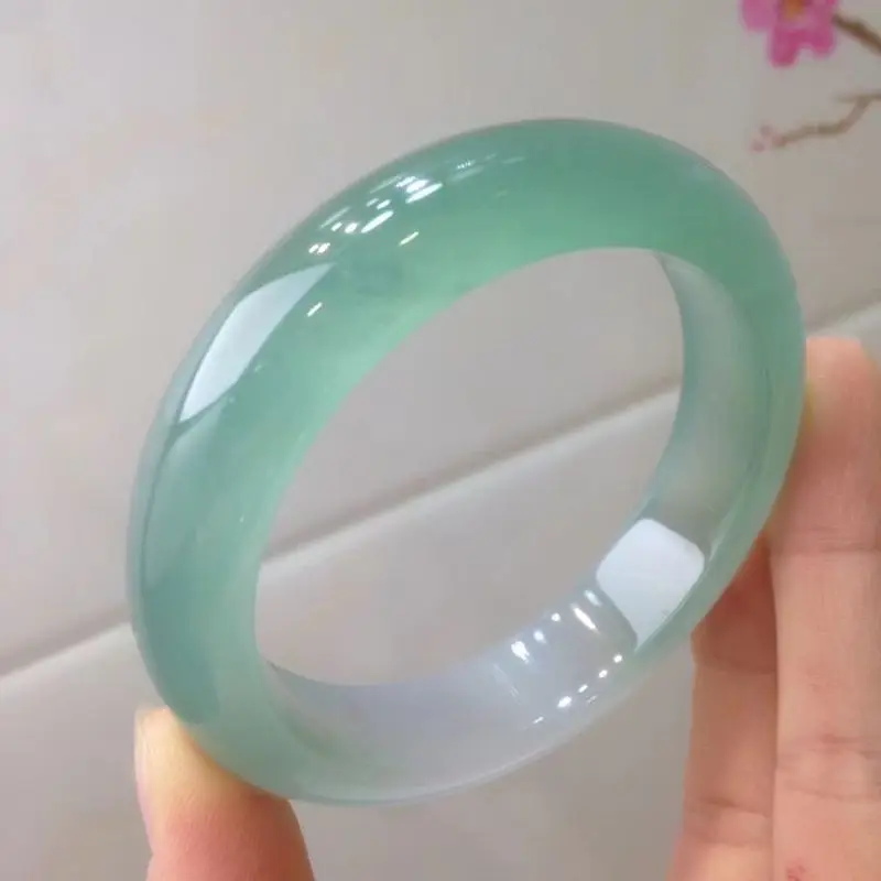 Myanmar Old Mine Jadeite Bracelet for Women Round Jade Bangle Light Green Lustrous Ice-like Texture with Floating Flower an