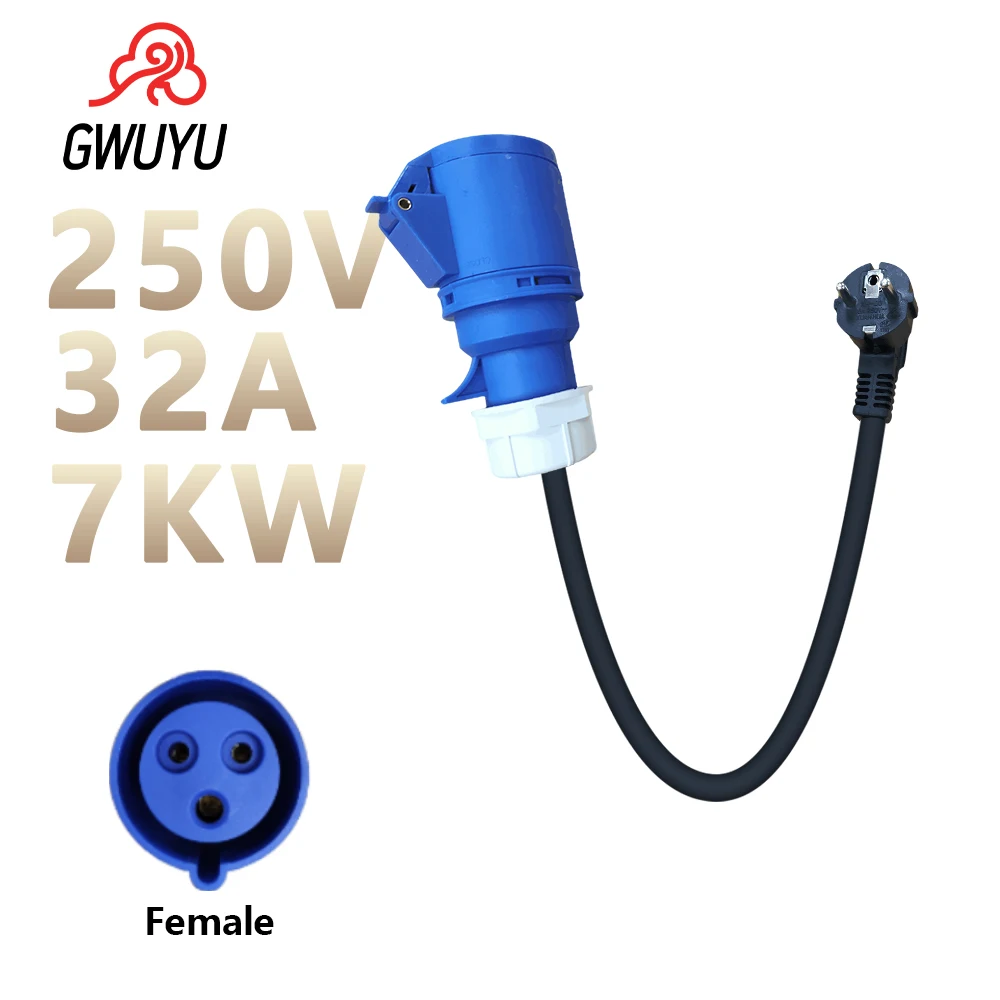 GWUYU EV Charger Adapter 3 Pins Type 2 250V 32A 7KW CEE Female Socket To 3.5KW EU Schuko for Electric Vehicle Portable Charger