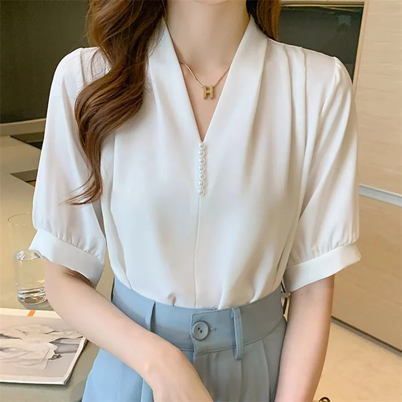 Nieuwe Mode Kralen Blouse Vrouwen Korte Mouwen Top V-hals Chiffon Shirt Femme Kleding Office Lady 2023 Casual Blouses Kleding