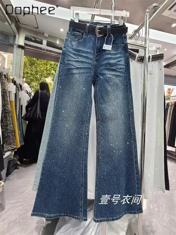 

2026 Early Spring Vintage Blue Washed Cotton Slim-fit Flared Jeans with Rhinestones (comes with Belt) Blue Jeans for Women