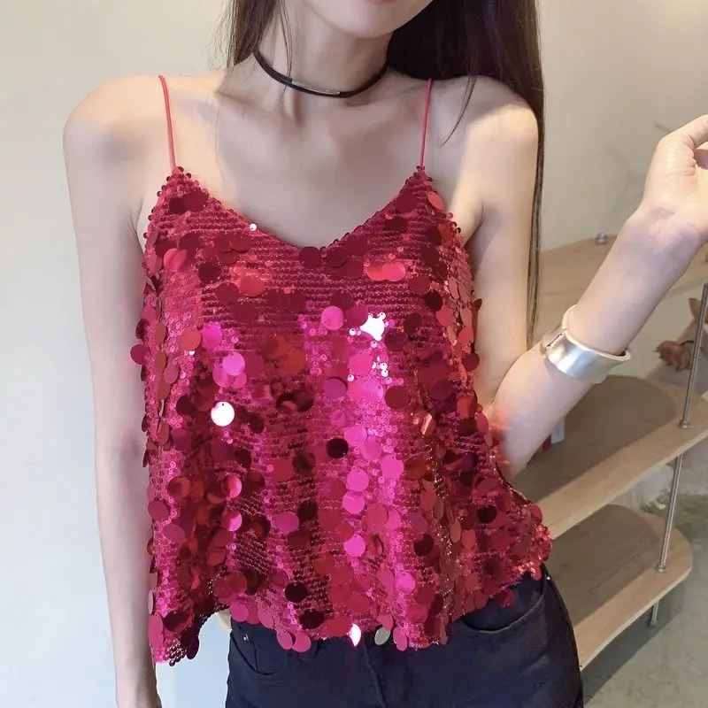 KUSAHIKI French Sparkling Sequin V-neck Sleeveless Camisole Vest for Women 2024 Summer Design Short Sexy Spicy Girl Y2k Top