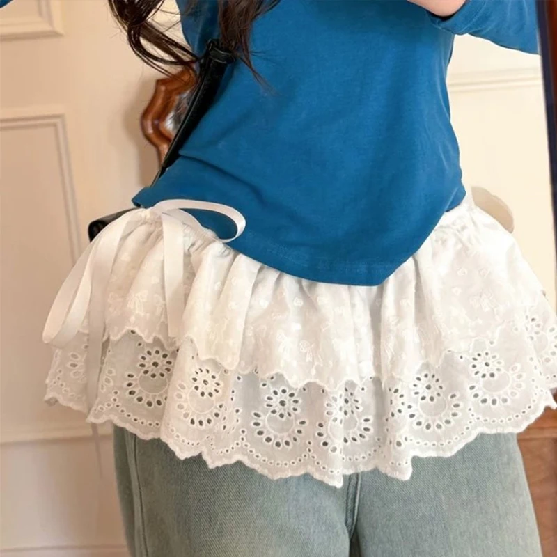 

Французская весна, новый стиль, кружевная юбка нестандартной формы, занавеска, белый кружевной дизайн, юбка до половины тела, джинсы, женская бандана по подолу ﻿