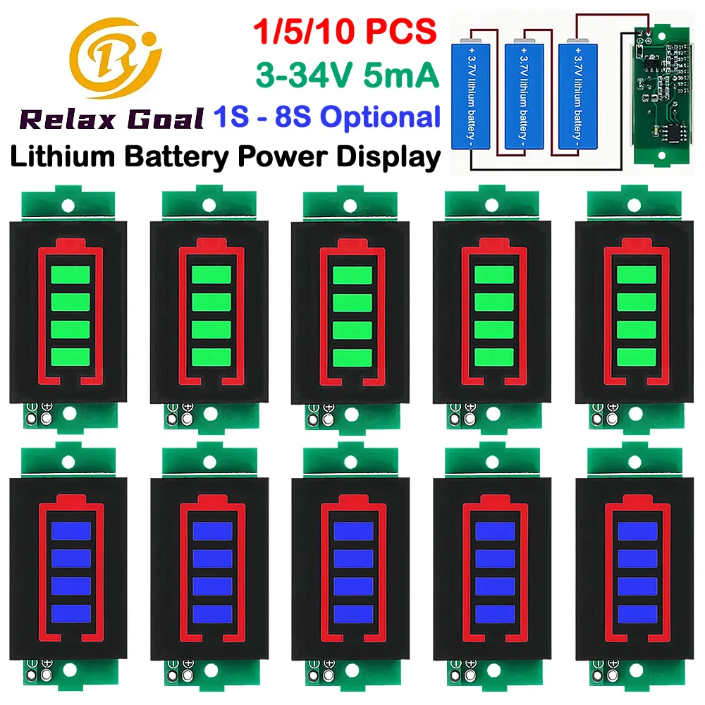 Lithium Battery Capacity Charge Indicator Display Module 1S 2S 3S 4S 5S 6S 8S 3-34V 5mA Electric Vehicle Battery Power Tester