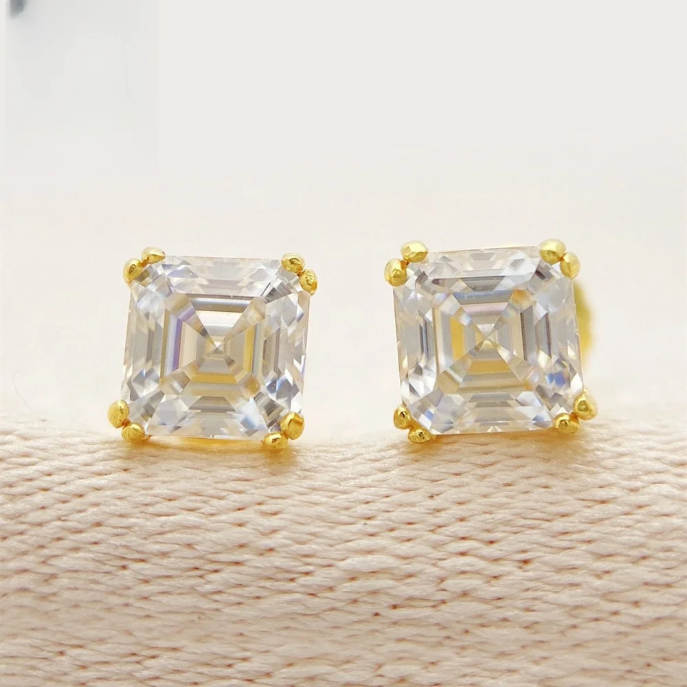 

Asscher D color Moissanite With Certificate 925 Sterling Silver Earrings HipHop Stud Fine Jewelry for Woman Man Party