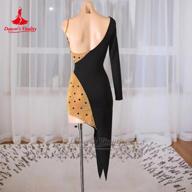 Women Samba Two-tone Matching Elegant Dresses Dancer's Vitality Adult Chacha Unilateral Long Sleeve Competitions Clothing Custom