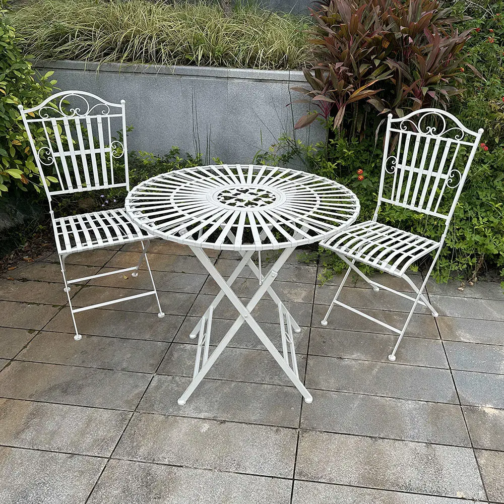 

Wrought Iron Retro Green Folding Round Table Outdoor Patio Dining Table and Chairs Set Patio Furniture Garden Chair Outdoor