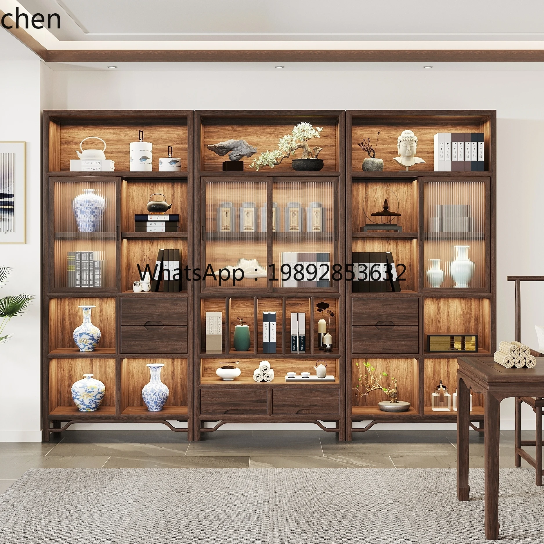 solid wood sliding glass bookshelf living room bookcase with cabinet door floor tea room locker - view 3