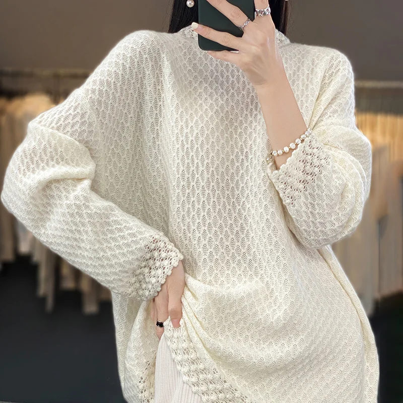 Knitted Cashmere Sweater for Female, Round Neck, Loose Sweater, Heavy Industry Embroidery, New Fashion, Autumn and Winter