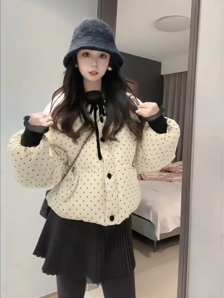 

Korean Style Sweet Polka Dot Duck down Jacket Women's Short Loose Fit Bread Style Coat Warmth Fluffy White Duck Feather Filling