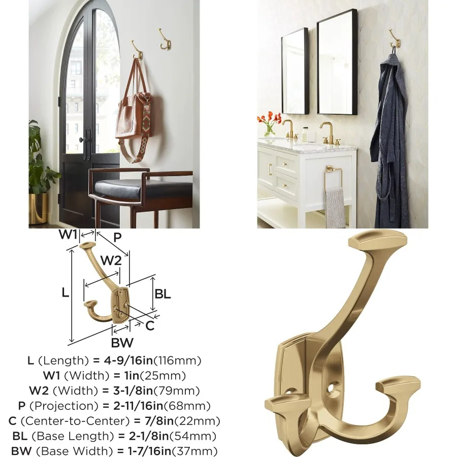 

H37004CZ Декоративный настенный крючок с тройным зубцом из бронзы цвета шампанского для пальто, шапок, рюкзаков, сумок, идеально подходит для ванной комнаты, спальни, шкафа