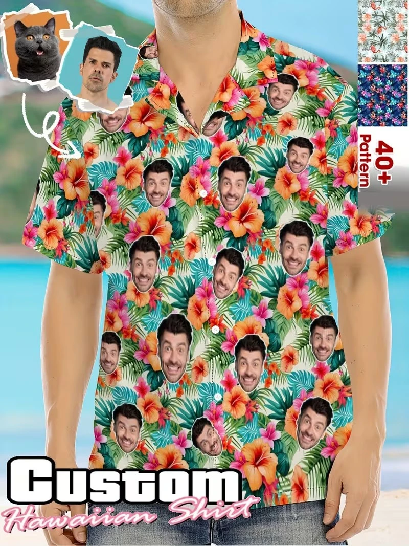 

Custom Face Hawaiian Shirt 2026 New Design Funny Personalized 3D Print Lapel Shirts Beach Short Sleeves Shirts Women Blouses