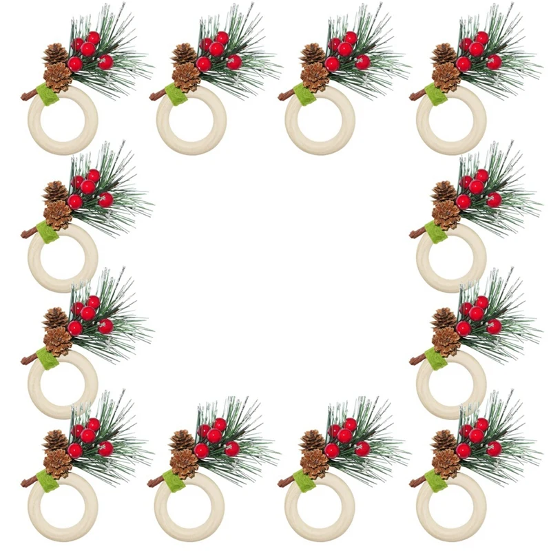 

New Christmas Pine Cones Napkin Rings Set Of 12,Berry And Pine Needles With Snow Xmax Napkin Holders For Decorations