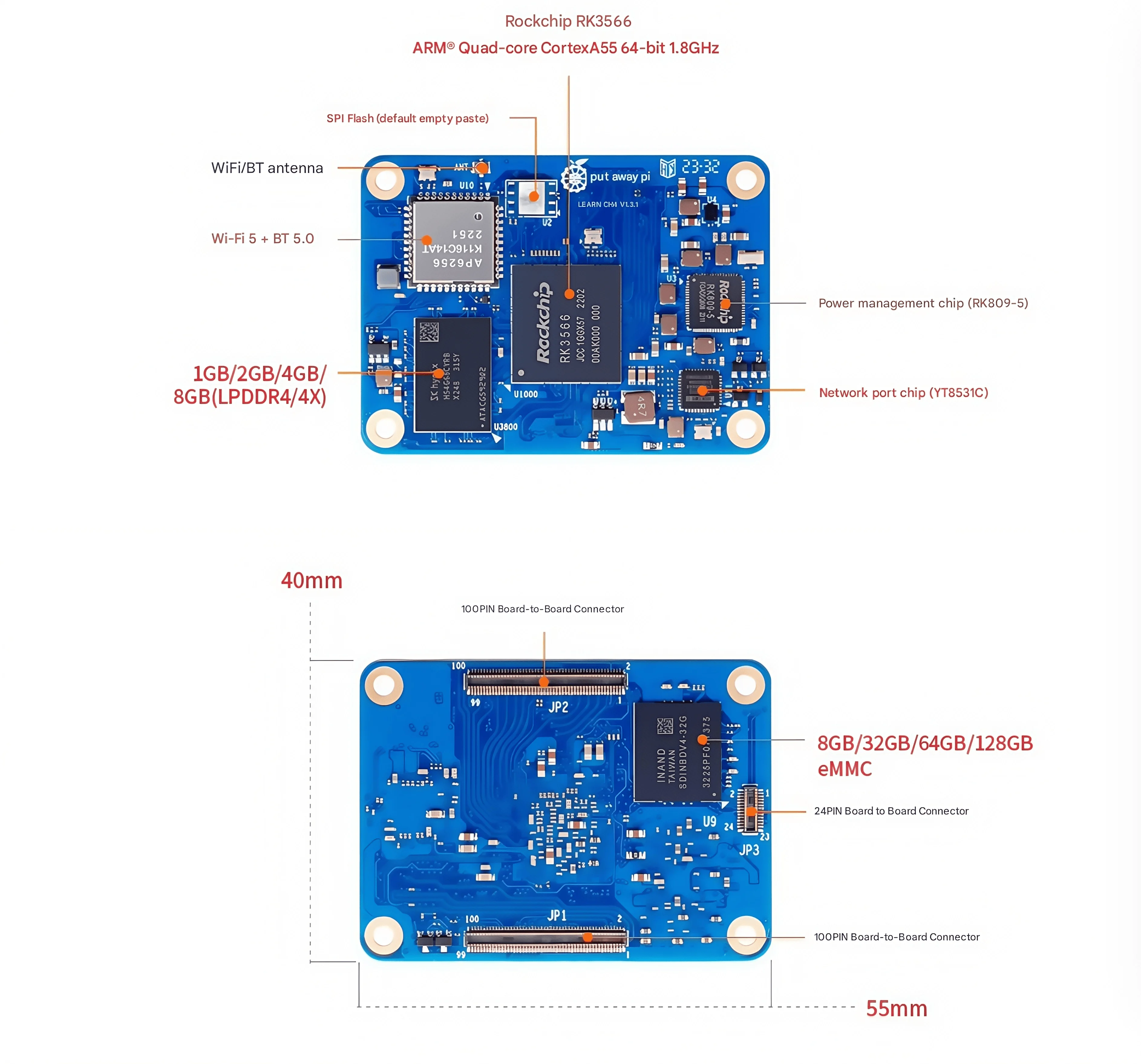 يدعم اللوحة الأساسية Orange Pi CM4 نظام Hongmeng مفتوح المصدر WIFI Bluetooth rk3566 رقاقة الذاكرة الاختيارية