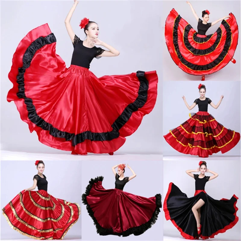 Girl Flamenco Dress Spain Belly Dance Skirt Belly Dance Chorus Ballroom Women Vestidos Bullfighting 360/540/720 Degree Costume J