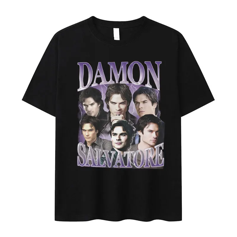 

Damon Salvatore Ian Somerhalder TV Series T Shirt Men Women Retro Gothic Fashion Oversized Cotton T-shirt Summer Streetwear Tops