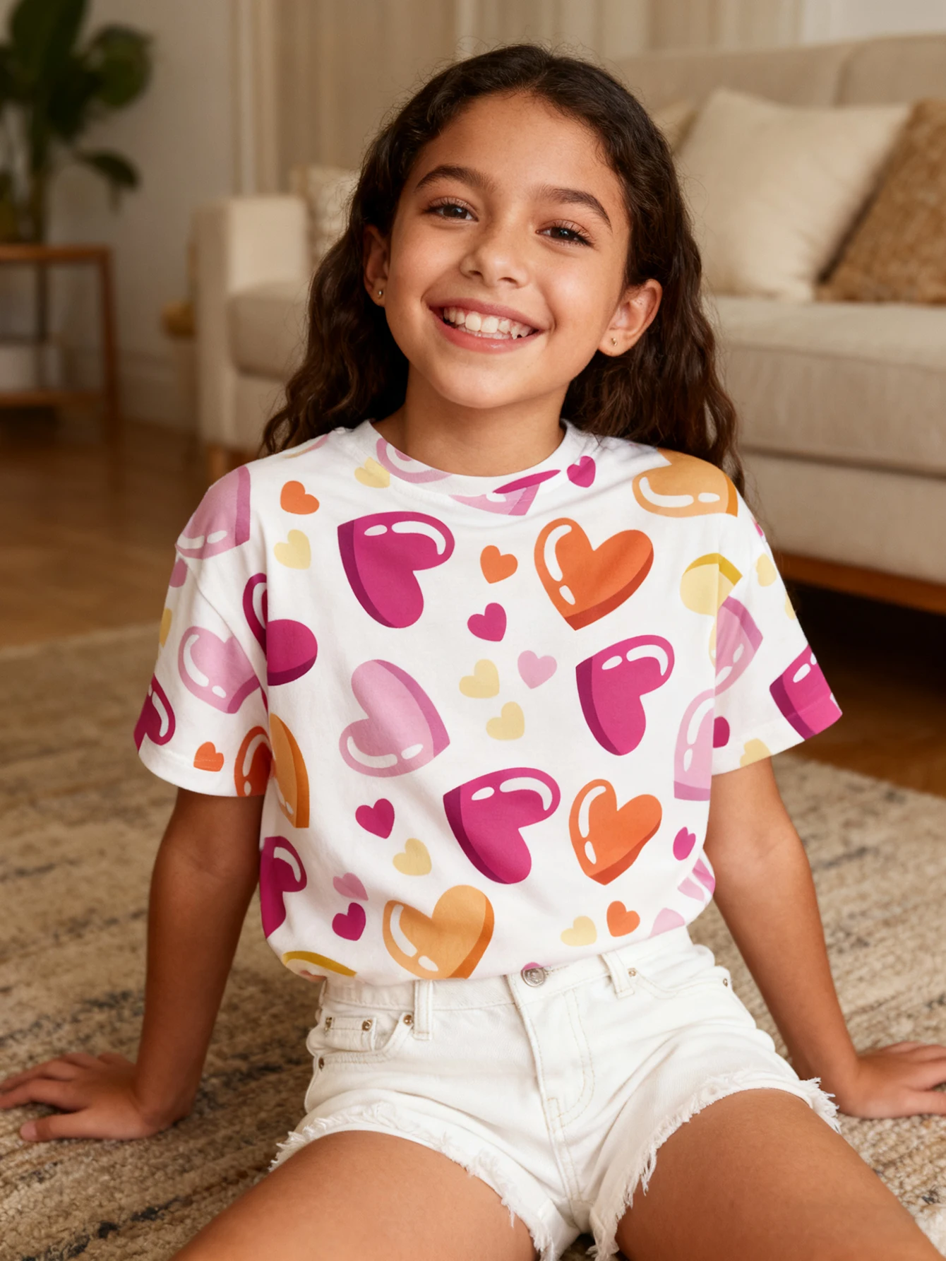 

Colorful Jelly Love Print Short Sleeve T-Shirt for Girls Loose Crew Neck Summer Casual Top for Medium to Adult Children