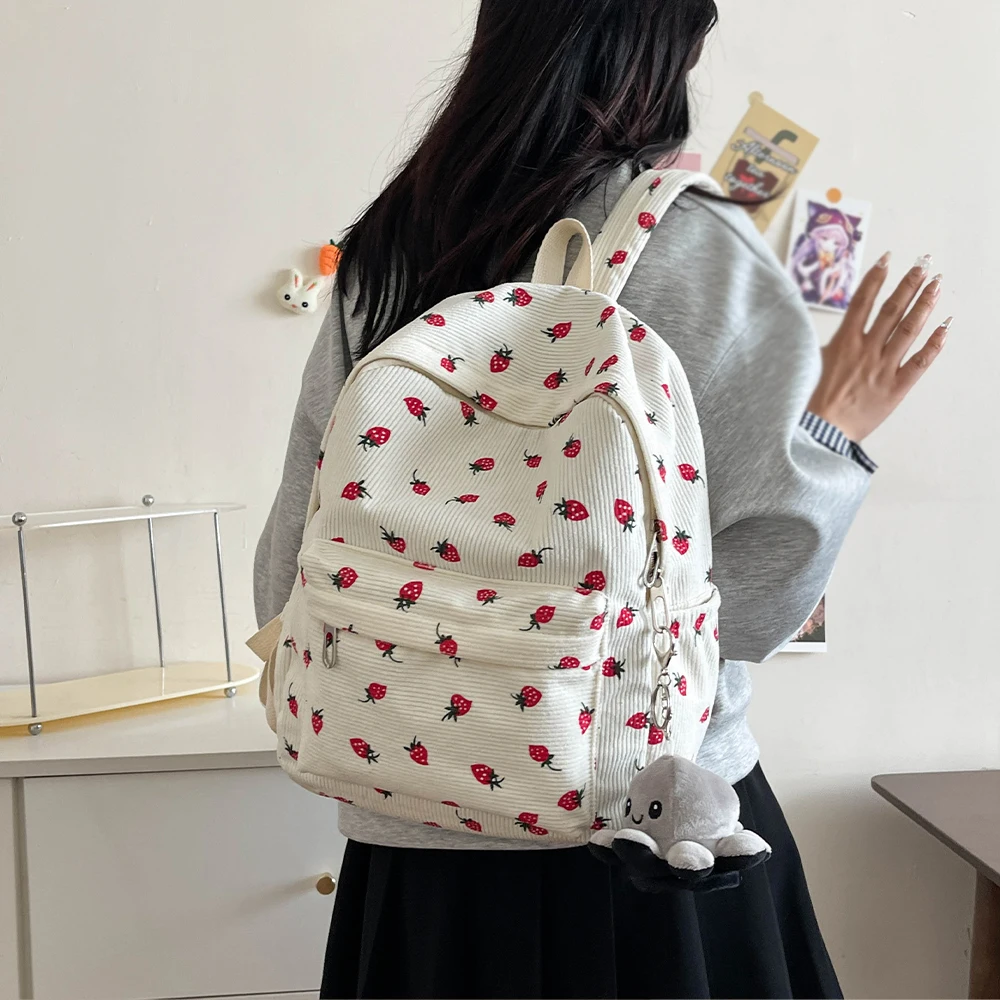 Lovely Little Fresh Strawberry Print Junior High School Bag Corduroy New Female All-Ins Lightweight Simple Backpack