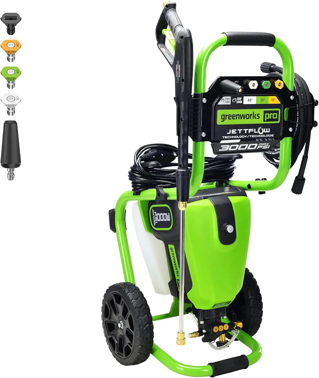 

3000 PSI (2.0 GPM Max) Brushless Electric Pressure Washer, Steel Wand, On-Board Soap Tank (15°, 25°, 40°, Soap, and T