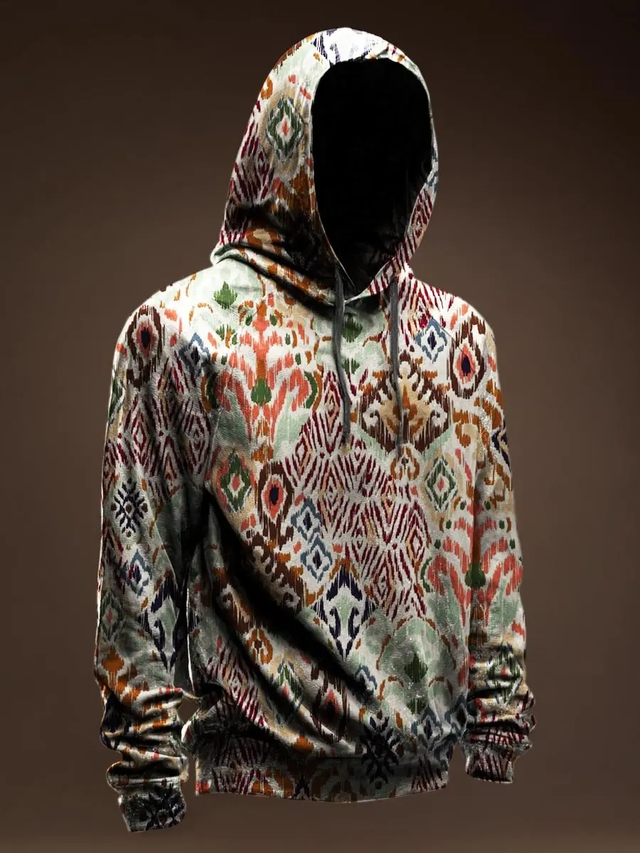Vintage Pattern Printed Casual Hoodie Sweatshirt Men's Pullover Tops