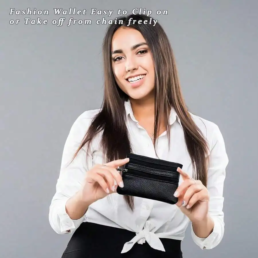 

Clip On Detachable Chain Wallet Pouch For Phone Crossbody Black Faux Leather Zipper
