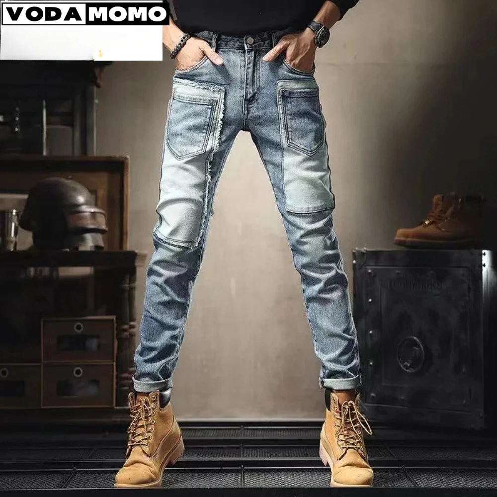 Moda nueva primavera otoño pantalones vaqueros hombres ropa estilo coreano pulido Cargo estiramiento ajustado Patchwork pantalones casuales otoño chicos